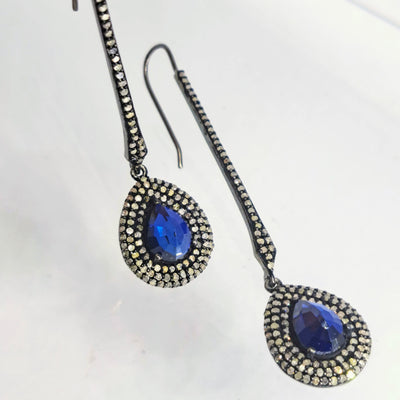 "Ceylon Sparklers" 2.75" Earrings - Sapphire, Diamonds, Black Sterling