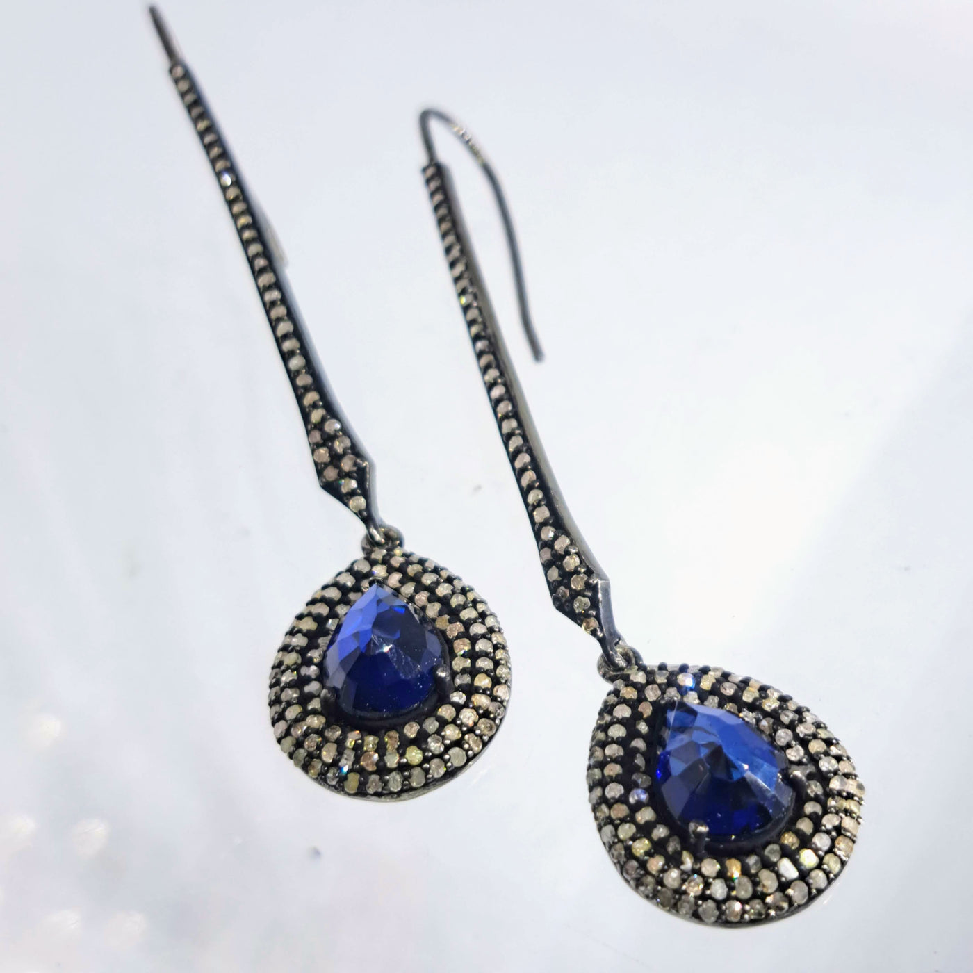 "Ceylon Sparklers" 2.75" Earrings - Sapphire, Diamonds, Black Sterling