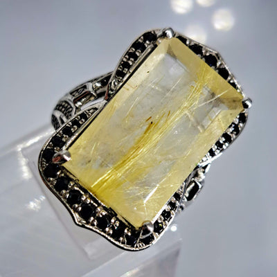 "Delicious Deco" Sz 7 Ring - Gold Rutilated Quartz, Spinel, Sterling