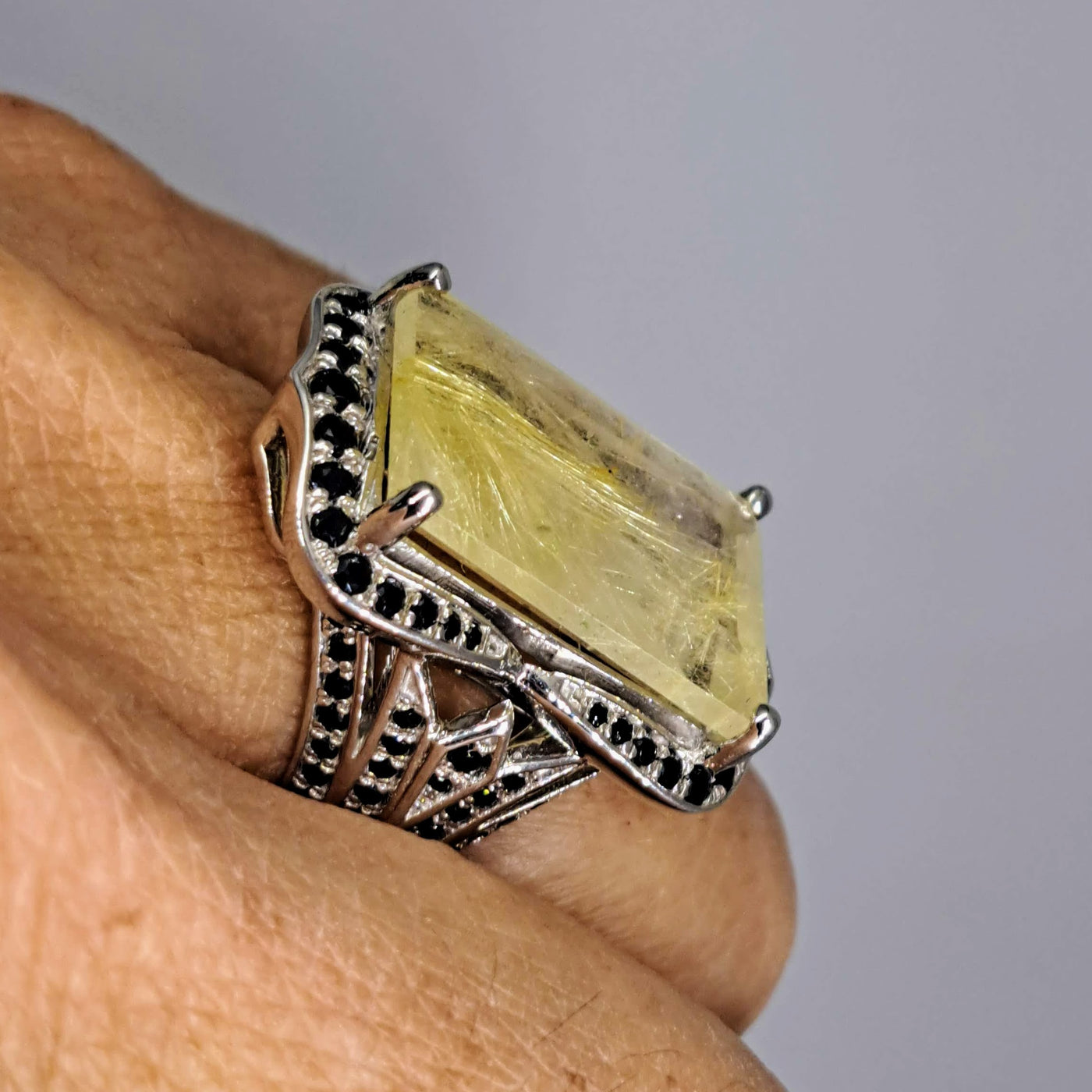 "Delicious Deco" Sz 7 Ring - Gold Rutilated Quartz, Spinel, Sterling
