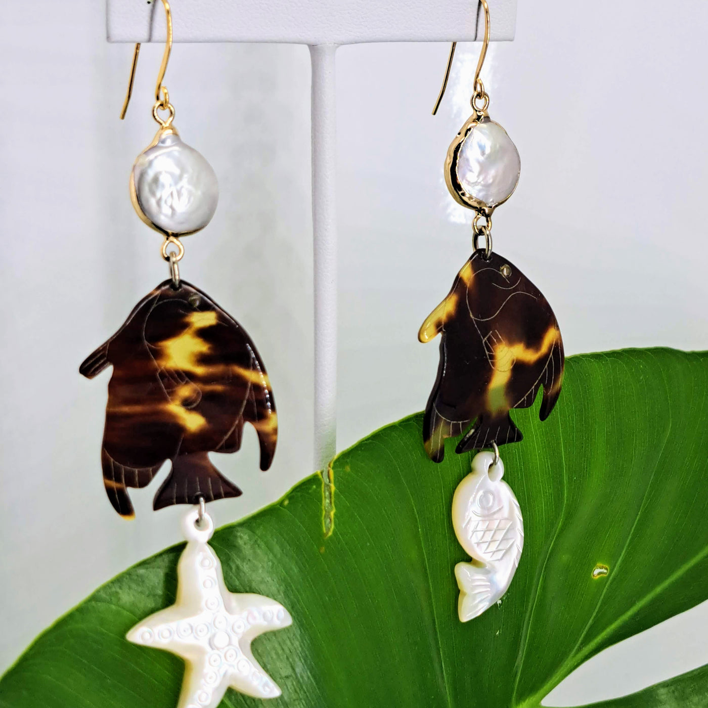"Angel Fishie" 3.75" Earrings By Barb - Antique Tortoise Shell Scrimshaw, Pearl, Gold Sterling