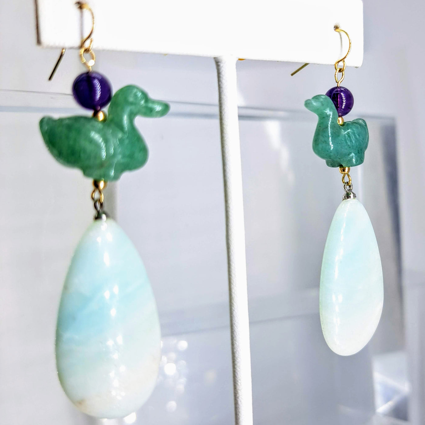 "Lucky Duck" 2.75" Earrings By Barb - Aventurine, Amethyst, Amazonite, 14K Gold, Sterling Accents