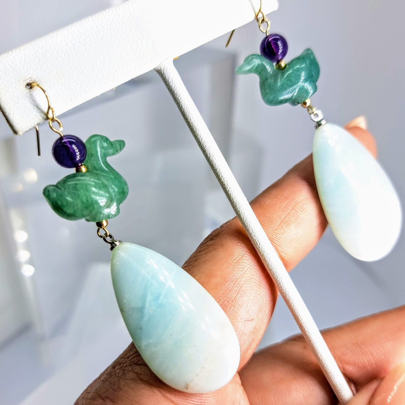 "Lucky Duck" 2.75" Earrings By Barb - Aventurine, Amethyst, Amazonite, 14K Gold, Sterling Accents