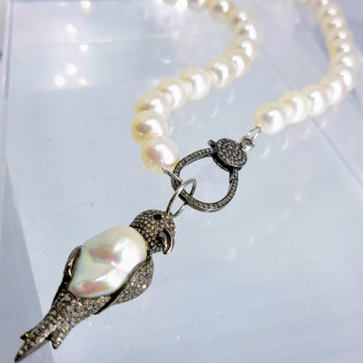 "Diamond, The Parrot" 19" Convertible Necklace + 2.5" Pendant By Barb - Pearl, Diamond, Spinel, Sterling