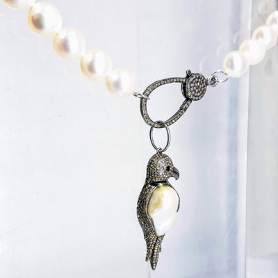 "Diamond, The Parrot" 19" Convertible Necklace + 2.5" Pendant By Barb - Pearl, Diamond, Spinel, Sterling