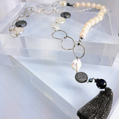 "Cloud Bursting" 20"-32" Convertible Necklace By Barb - Pearls, Crystal, Sterling,
