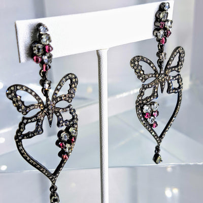 "Ruby, The Butterfly" 3" Earrings By Barb - Diamond, Ruby, Black Sterling