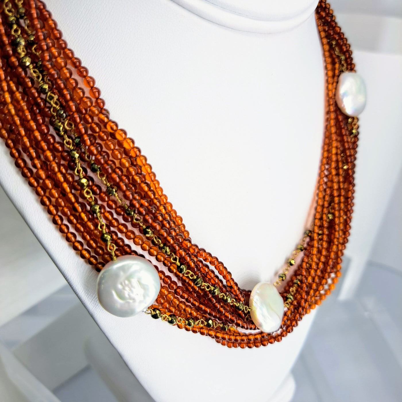 "Baltic Beauty" 16"-18" Necklace By Barb - Baltic Amber, Coin Pearls, Hematite, .925 Sterling