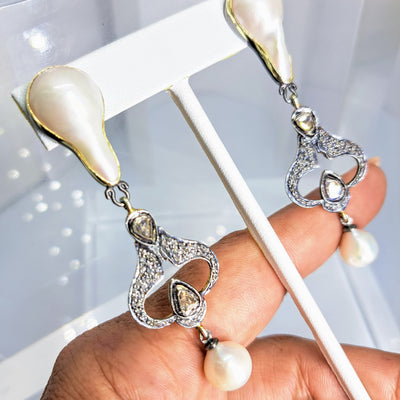 "La Belle Époque" 3" Earrings - Baroque Pearls, Diamonds, Sterling, 18k Accents