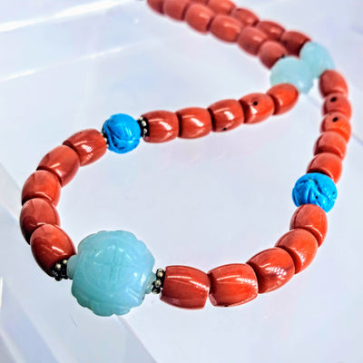 "Joy Luck Club" 18" Necklace - Ethical, Mediterranean Red Coral, Turquoise, Soo Chow Jade, Sterling