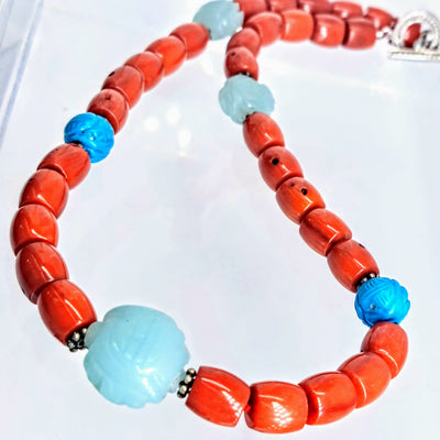 "Joy Luck Club" 18" Necklace - Ethical, Mediterranean Red Coral, Turquoise, Soo Chow Jade, Sterling