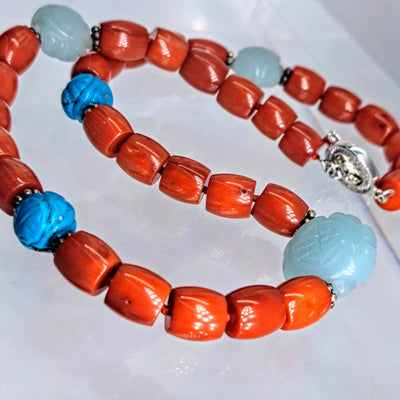 "Joy Luck Club" 18" Necklace - Ethical, Mediterranean Red Coral (Pre-moratorium & NATURAL), Turquoise, Soo Chow Jade, Sterling