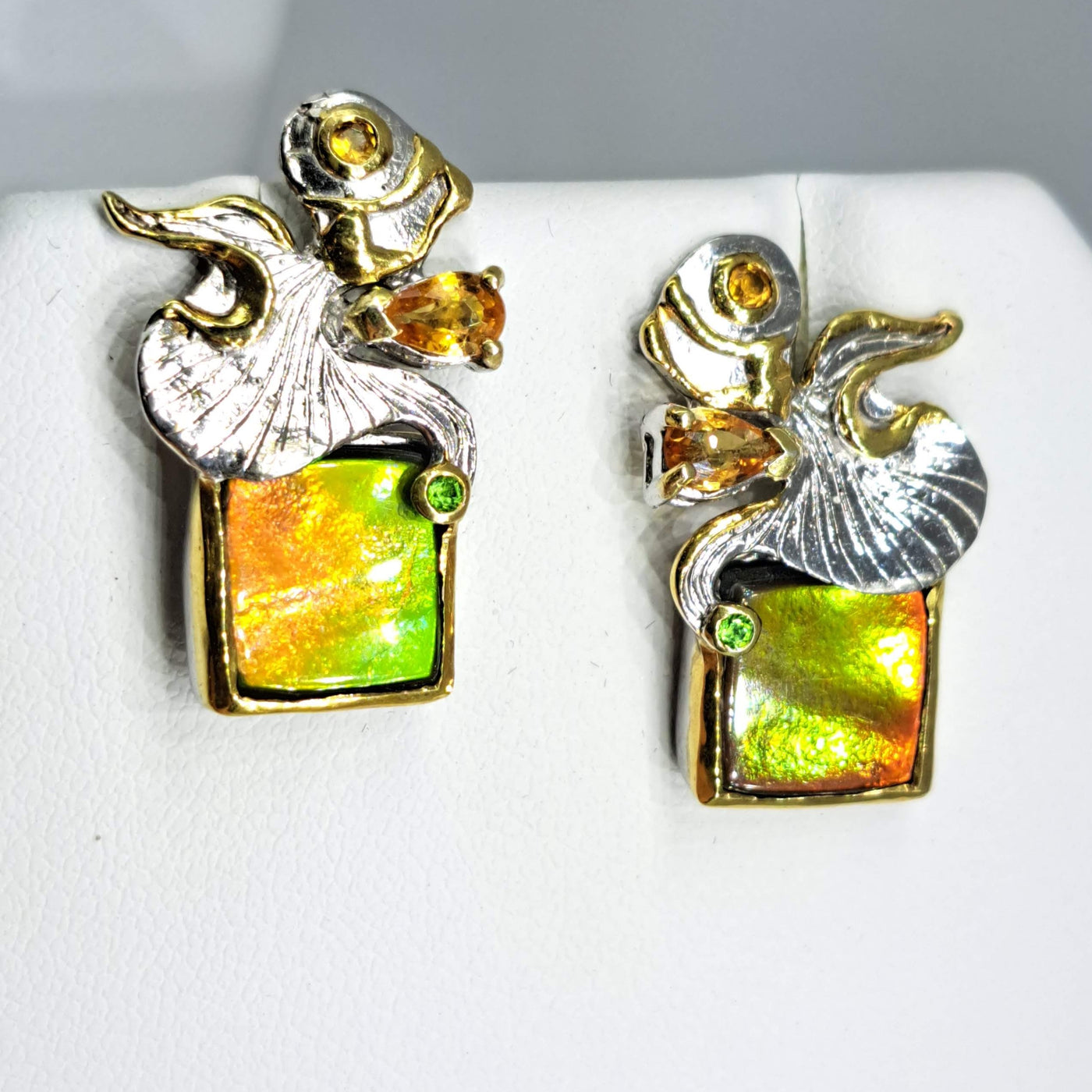 "Ammolite Angels" 1" Earrings - Ammolite, Tsavorite Garnet, Mandarin Sapphire, 18k gold, Sterling