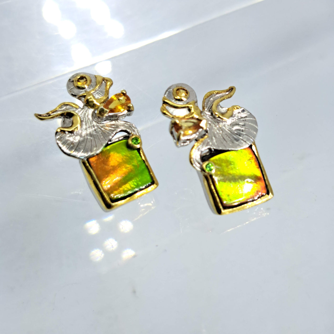 "Ammolite Angels" 1" Earrings - Ammolite, Tsavorite Garnet, Mandarin Sapphire, 18k gold, Sterling