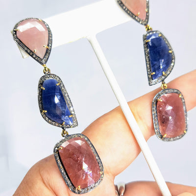 "Blue Jean Baby" 2.75" Earrings - Sapphire, Diamonds, Sterling, 18k Gold Accents