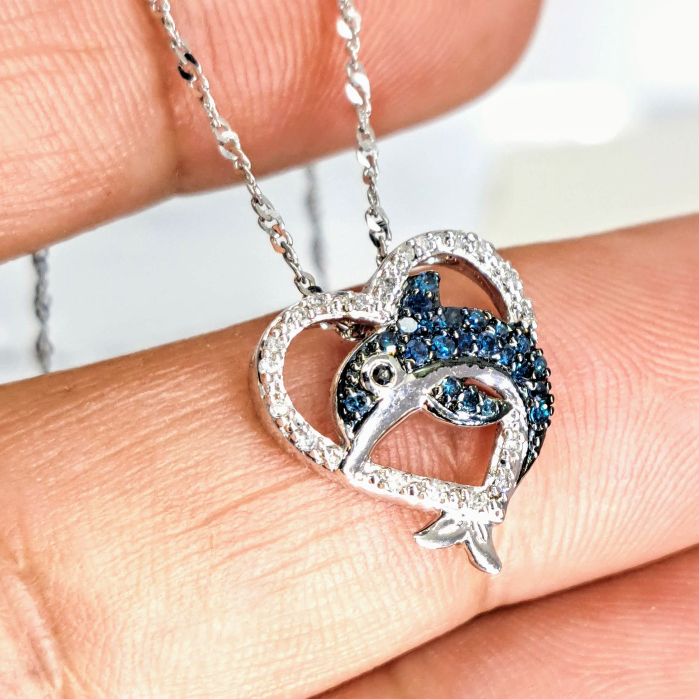 "I <3 Dolphins!" Pendant Necklace - Blue & White Diamonds, Anti-tarnish Sterling