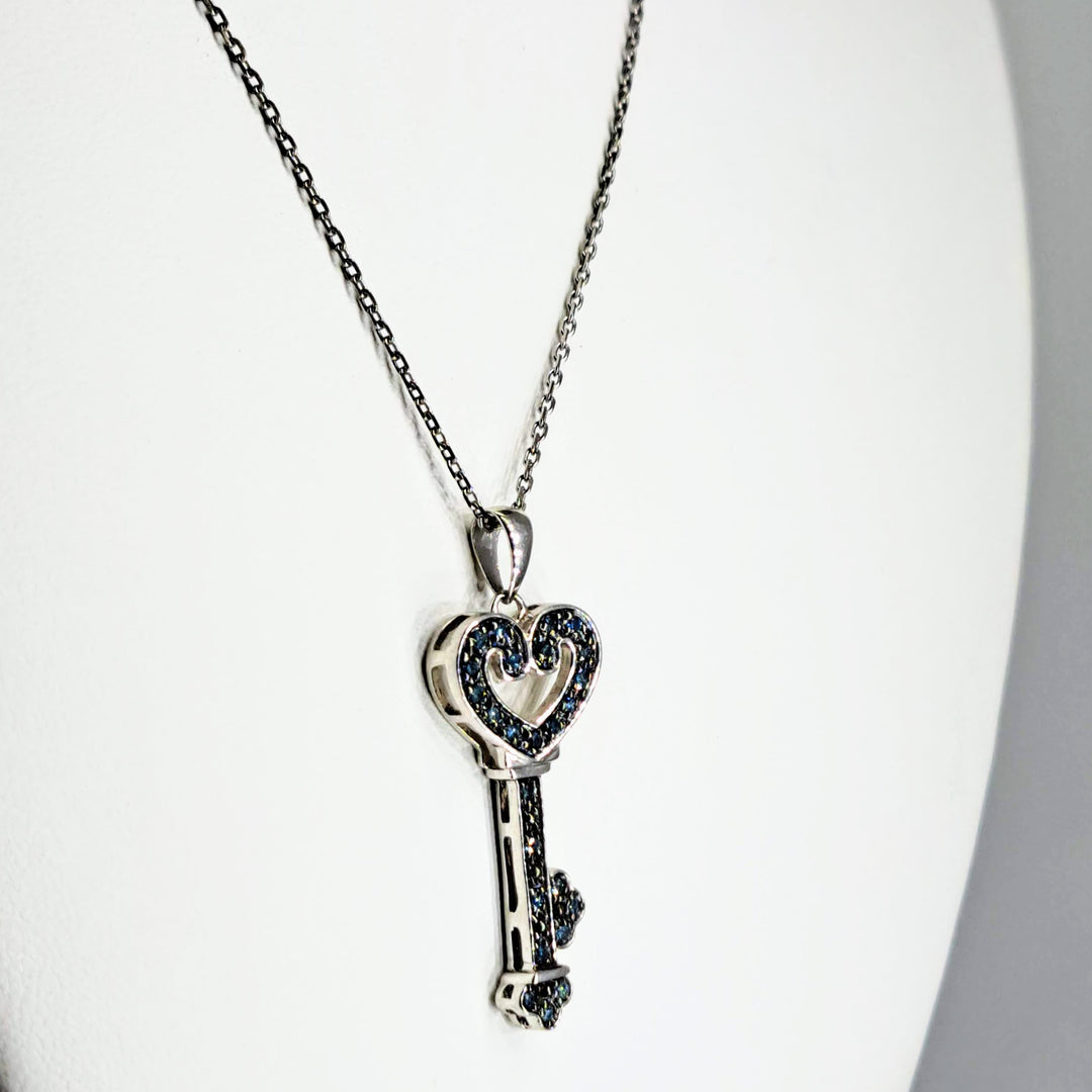 "I LOVE Key West" Pendant  Necklace - Blue Diamonds, Sterling