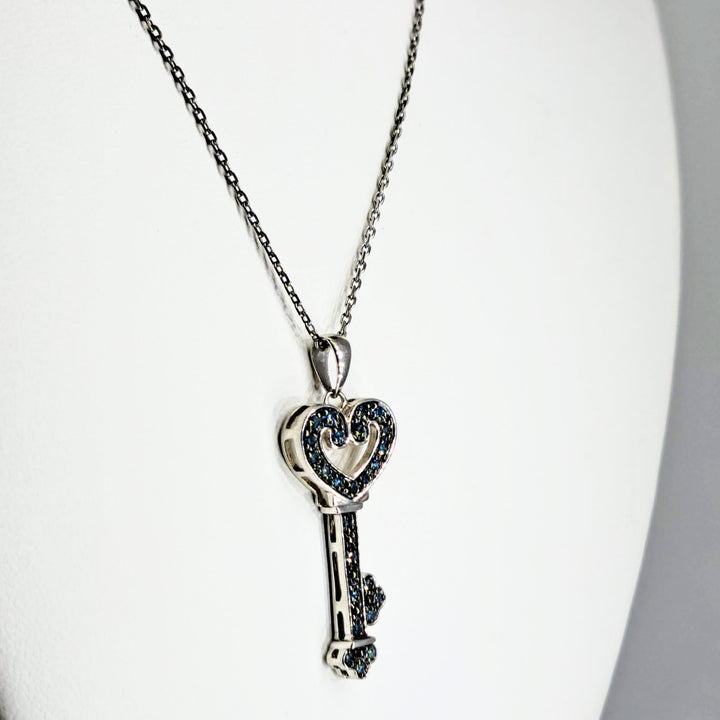"I LOVE Key West" Pendant  Necklace - Blue Diamonds, Sterling