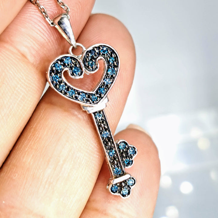"I LOVE Key West" Pendant  Necklace - Blue Diamonds, Sterling