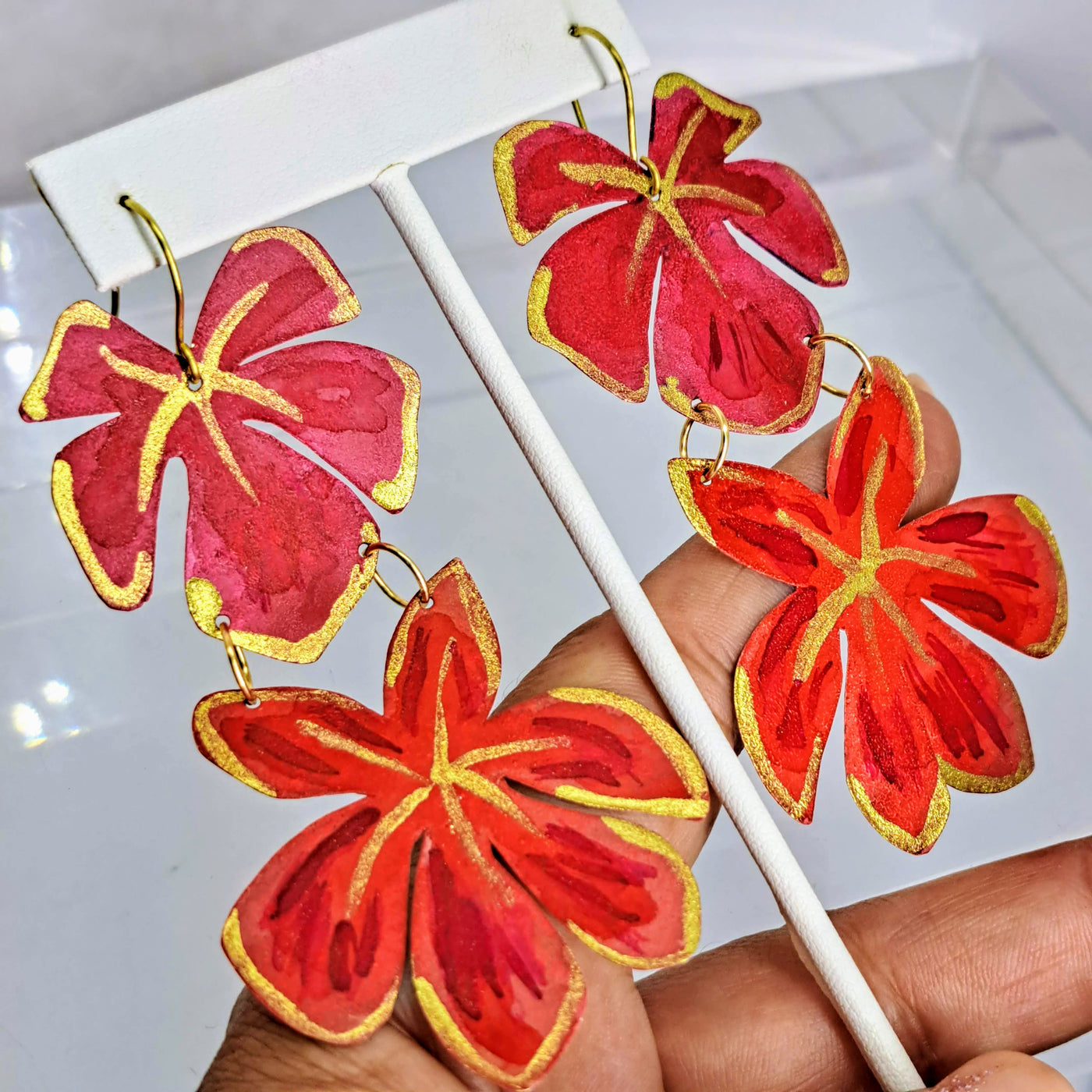 "Fresh Flowers" 3.5" Earrings - (Red/Fuchsia or Blues) Hand-cut/Painted Brass, Gold Sterling