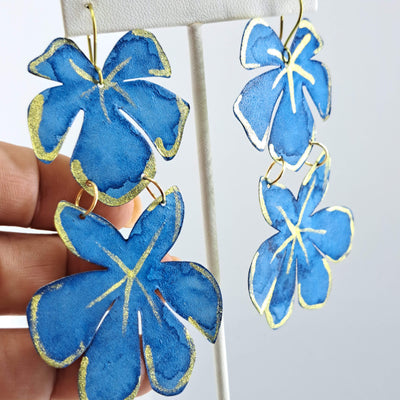 "Fresh Flowers" 3.5" Earrings - (Red/Fuchsia or Blues) Hand-cut/Painted Brass, Gold Sterling