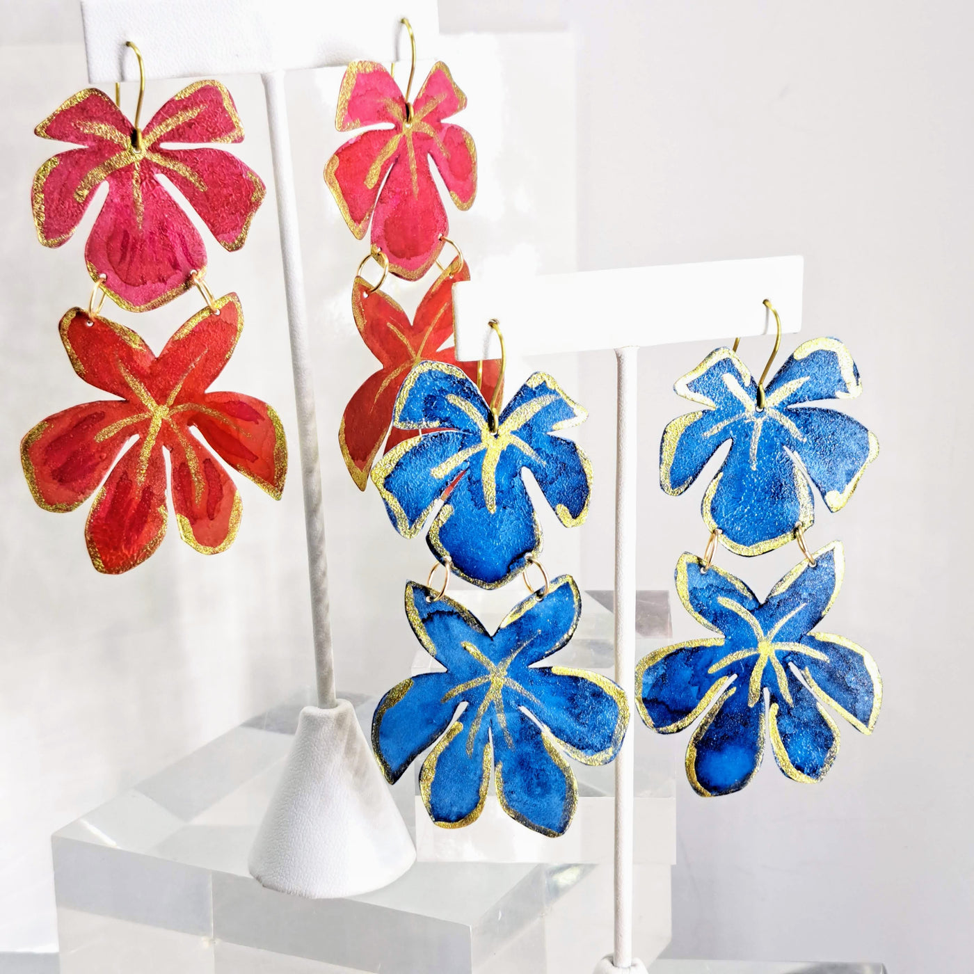 "Fresh Flowers" 3.5" Earrings - (Red/Fuchsia or Blues) Hand-cut/Painted Brass, Gold Sterling
