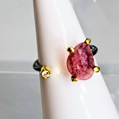 "Open To Greatness" Adj. Sz 6.5 to 7.5 Rings - Tourmaline, Zircon Stone, Black Sterling, 18K