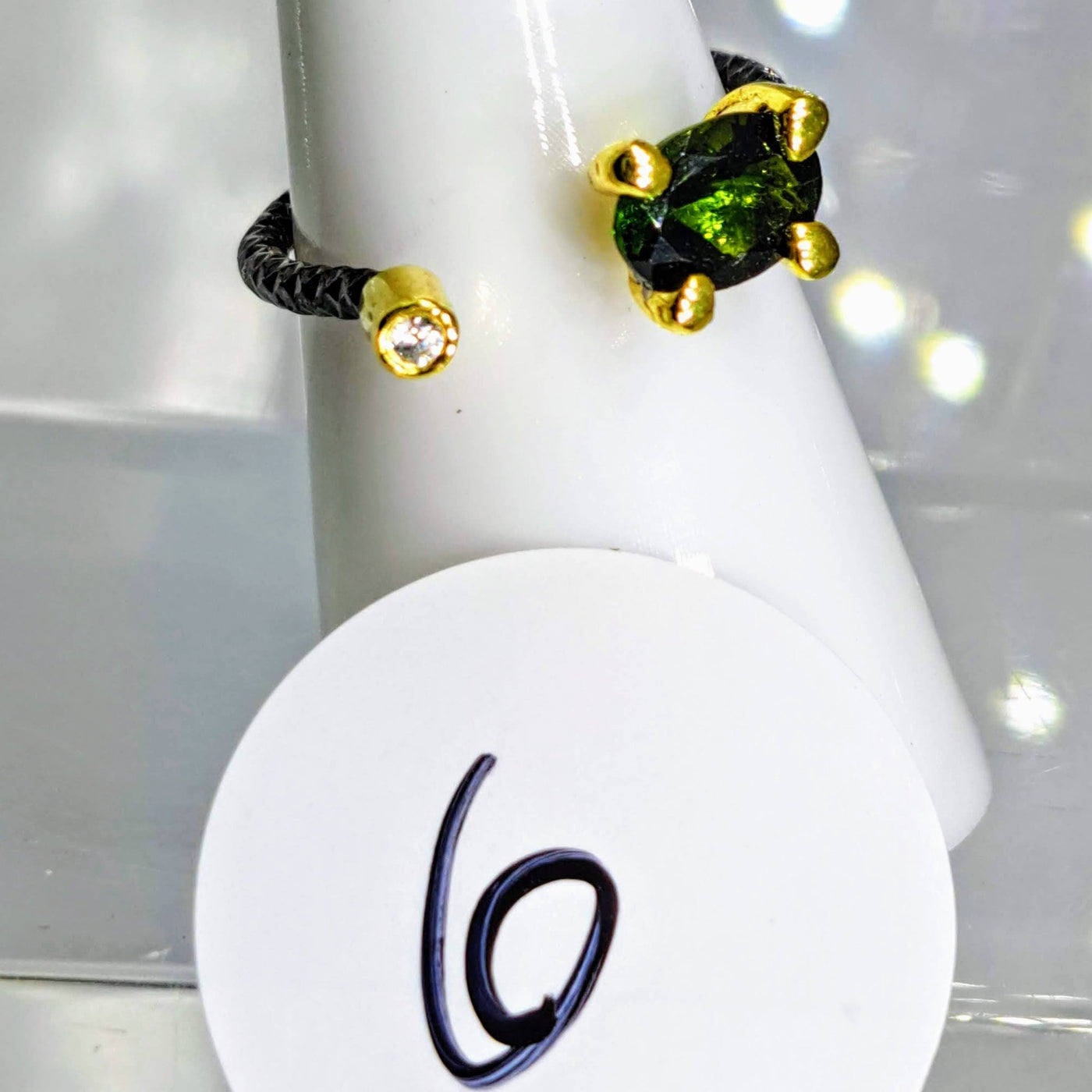 "Open To Greatness" Adj. Sz 6.5 to 7.5 Rings - Tourmaline, Zircon Stone, Black Sterling, 18K