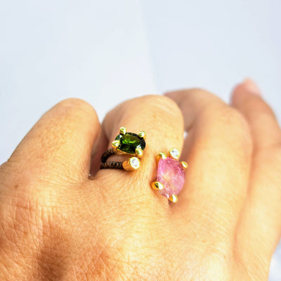 "Open To Greatness" Adj. Sz 6.5 to 7.5 Rings - Tourmaline, Zircon Stone, Black Sterling, 18K