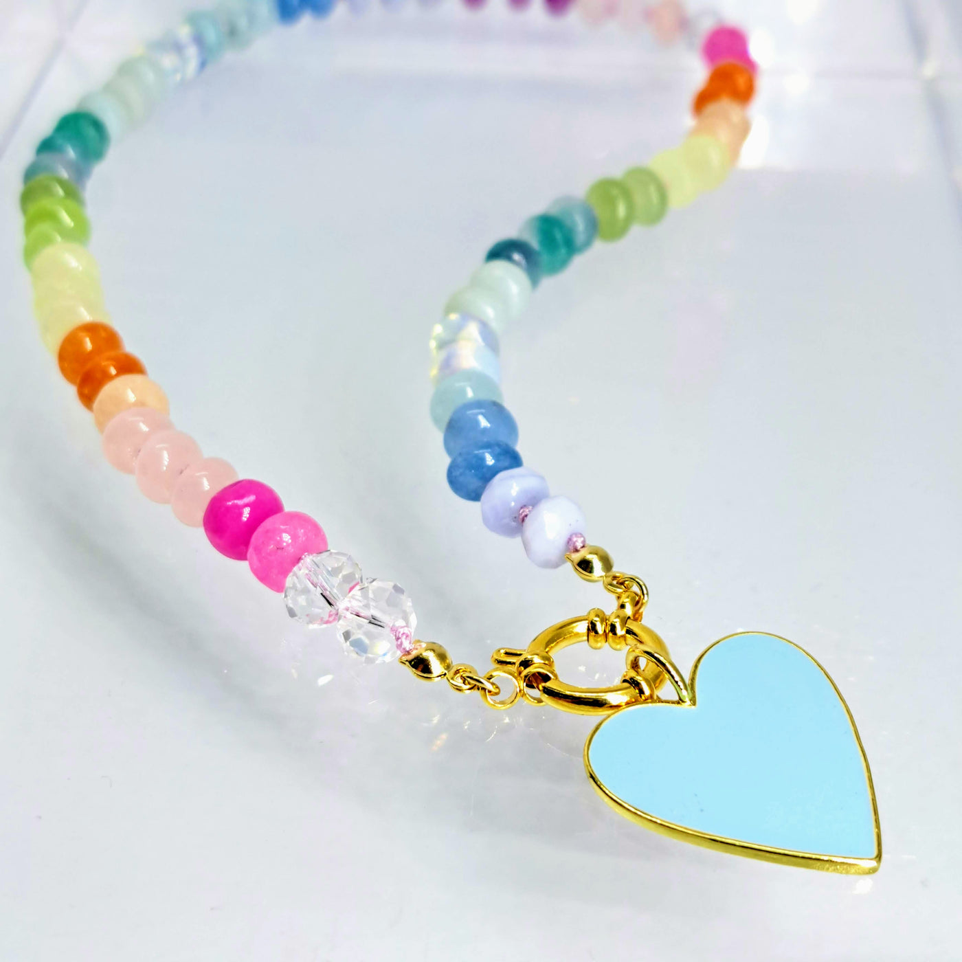 "Rainbow LOVE!" 16" Necklaces - Mixed Gemstones, Gold Filled Charm Catcher Clasp, Enamel Charm