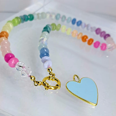 "Rainbow LOVE!" 16" & 18" Necklaces - Mixed Gemstones, Gold Filled Charm Catcher Clasp, Enamel Charm