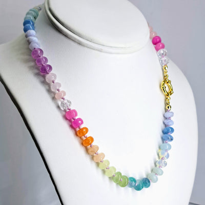 "Rainbow LOVE!" 16" Necklaces - Mixed Gemstones, Gold Filled Charm Catcher Clasp, Enamel Charm