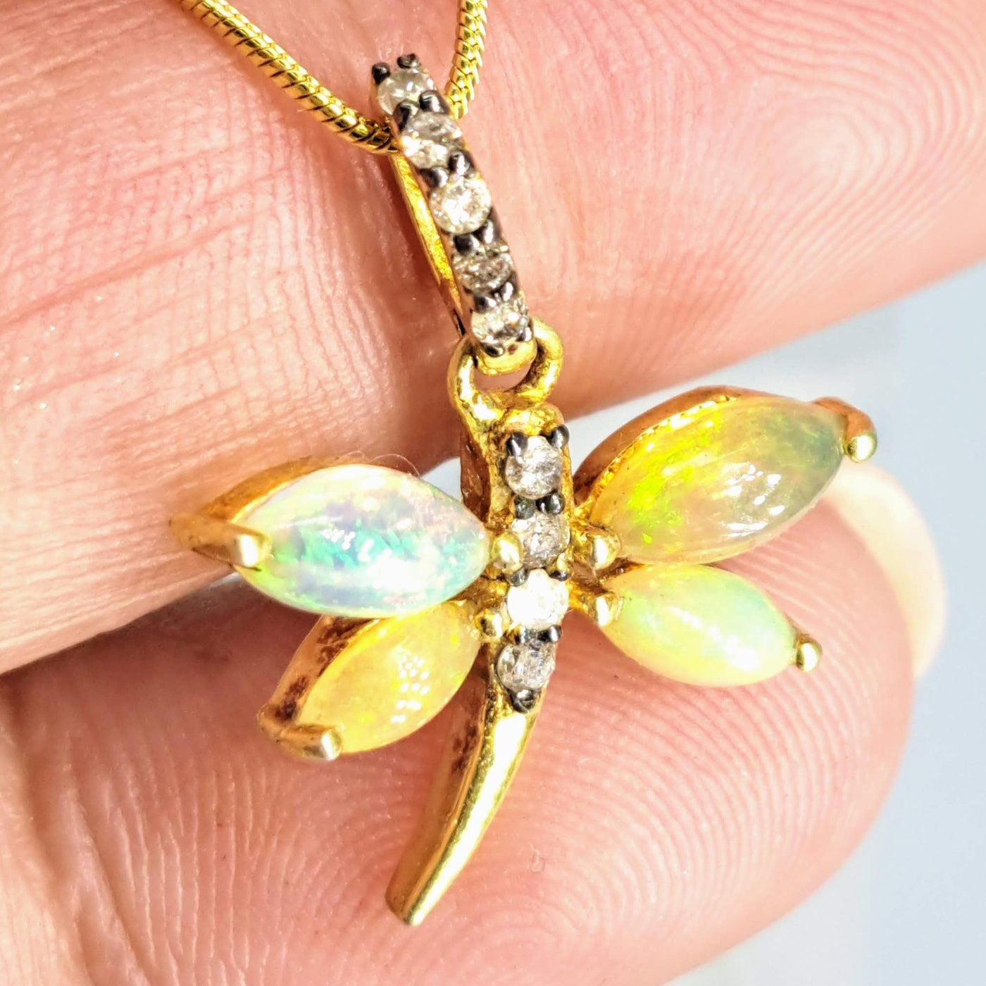 "FLY! Beach, FLY!" 16" Necklace - Opal, Diamonds, 18k Gold Sterling