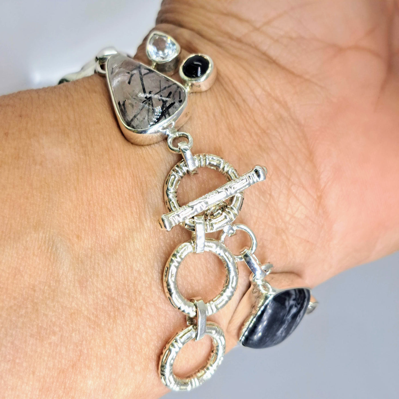 "Picasso" 7"-8" Bracelet - Rutilated Quartz, Geode, Onyx, Quartz, Topaz, Picasso Jasper, Sterling
