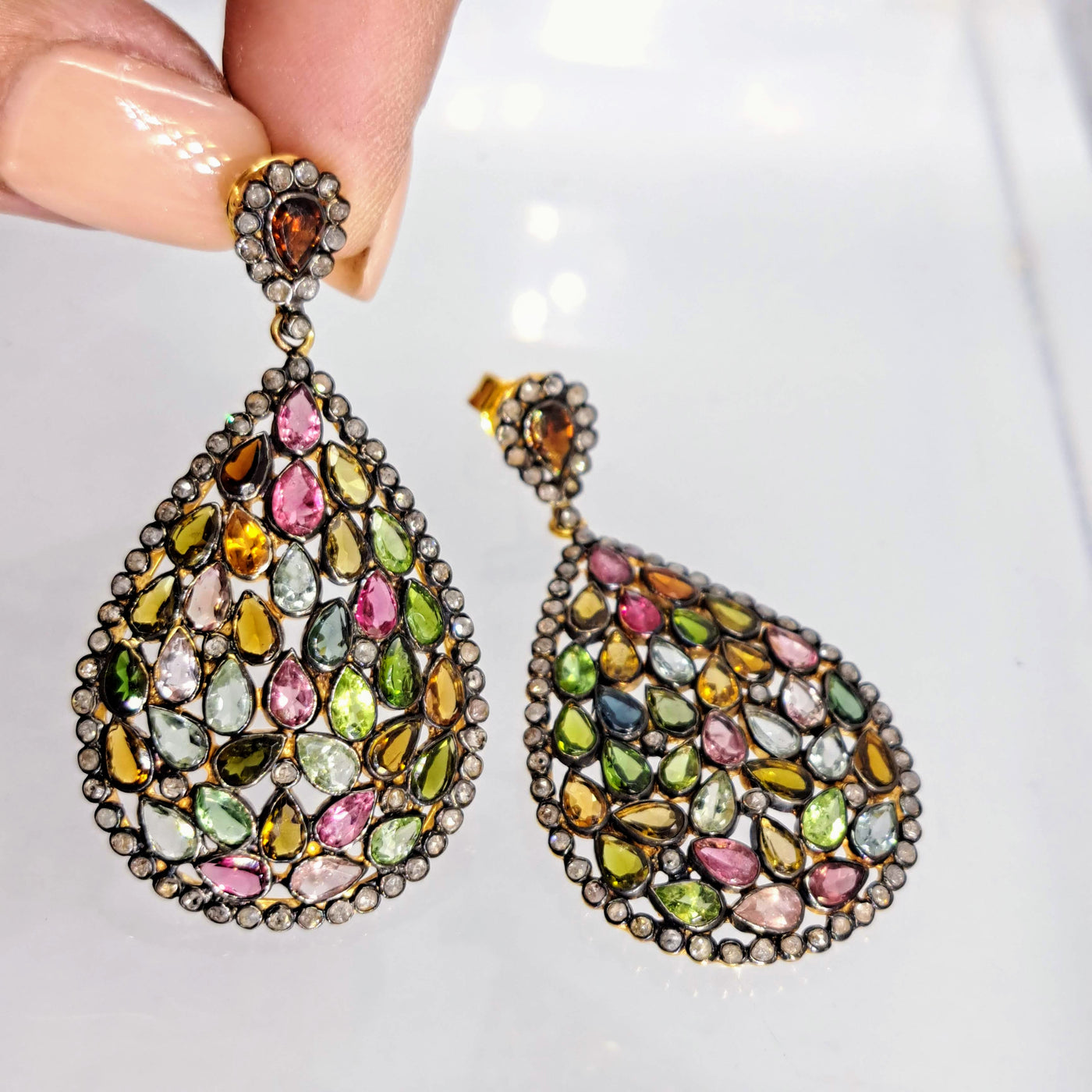 "Tapestry" 2.25" Earrings - Multicolored Tourmaline, Diamonds, Gold Sterling