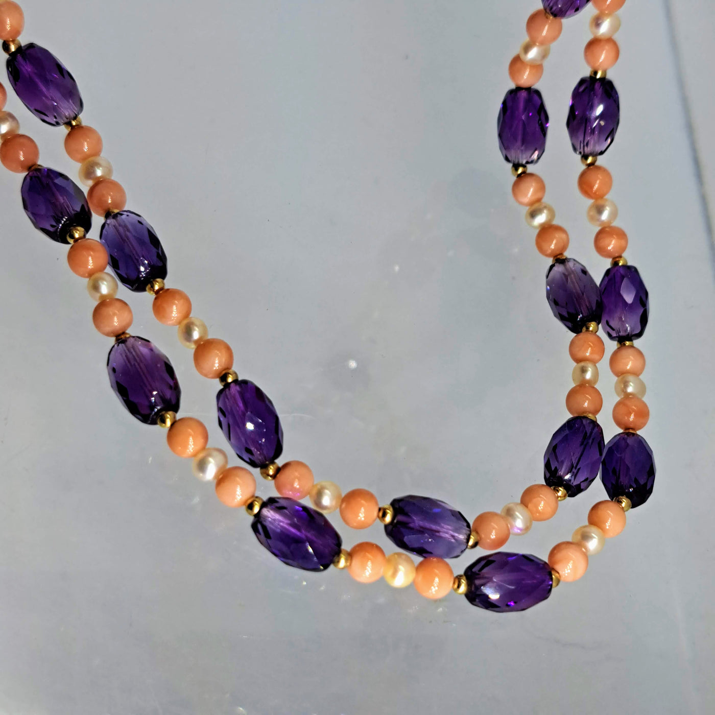 "Lilly-Girl" 17" Necklace - Angel Skin Coral (Ethically Sourced), Petite Pearls, Amethyst, 14k Gold