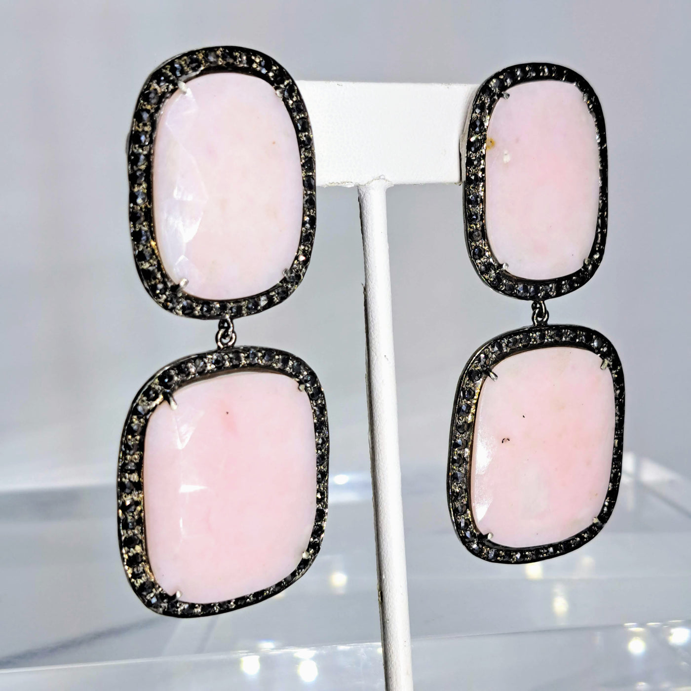 "Deco Diva" 3" Earrings - Pink Peruvian Opal, Black Diamonds, Black Sterling