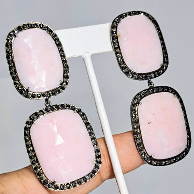 "Deco Diva" 3" Earrings - Pink Peruvian Opal, Black Diamonds, Black Sterling