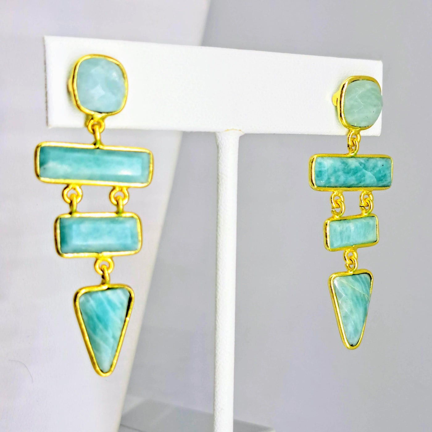 "Ladders" 2" Earrings - Amazonite, Gold Sterling