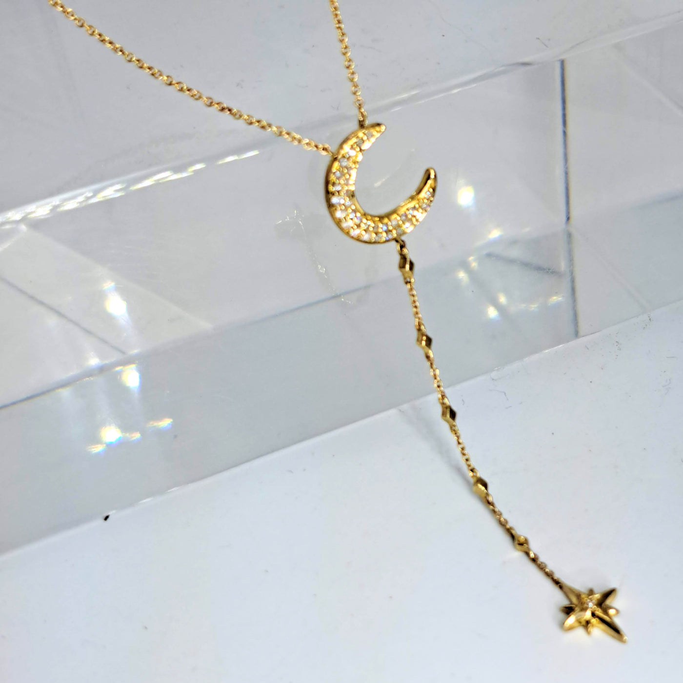"Lucky Stars" 16" - 18" Necklace  - Zircon Pave, 14k Gold, Wishbone "Y" Shape
