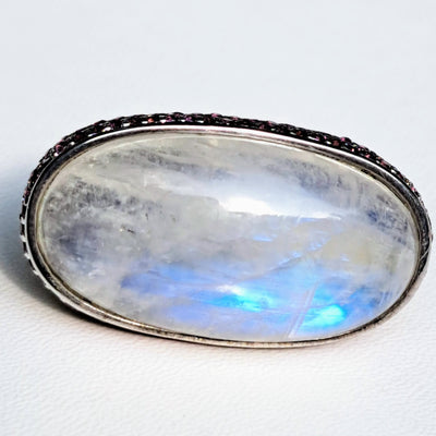 "Moon Over My Hammy" Sz 8 Ring - Moonstone, Rhodolite Garnet, Sterling