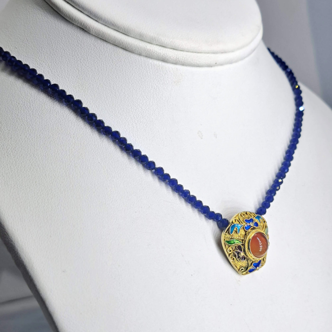 "Oragina Qing" 16" - 18" Necklace - Carnelian, Cobalt Crystal, Enamel, Gold Sterling, Sterling