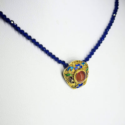 "Oragina Qing" 16" - 18" Necklace - Carnelian, Cobalt Crystal, Enamel, Gold Sterling, Sterling
