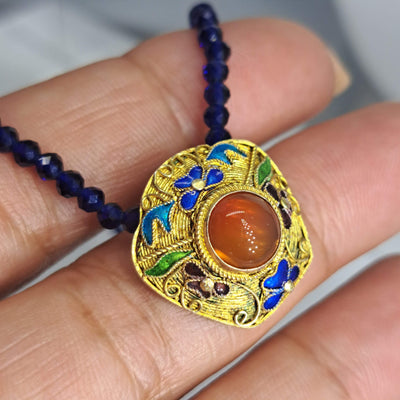 "Oragina Qing" 16" - 18" Necklace - Carnelian, Cobalt Crystal, Enamel, Gold Sterling, Sterling