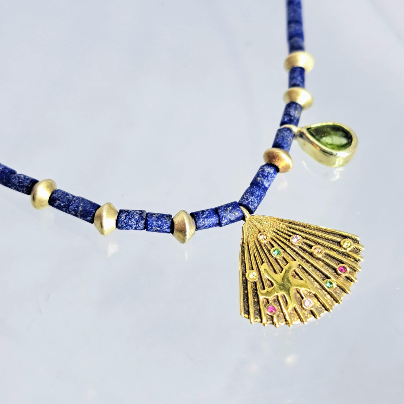 "Sea Fan" Up to 17" Necklace - Lapis Lazuli, Peridot, Ruby, White Sapphire, Emerald, Mandarin Garnet, Tourmaline, Sterling, 18k