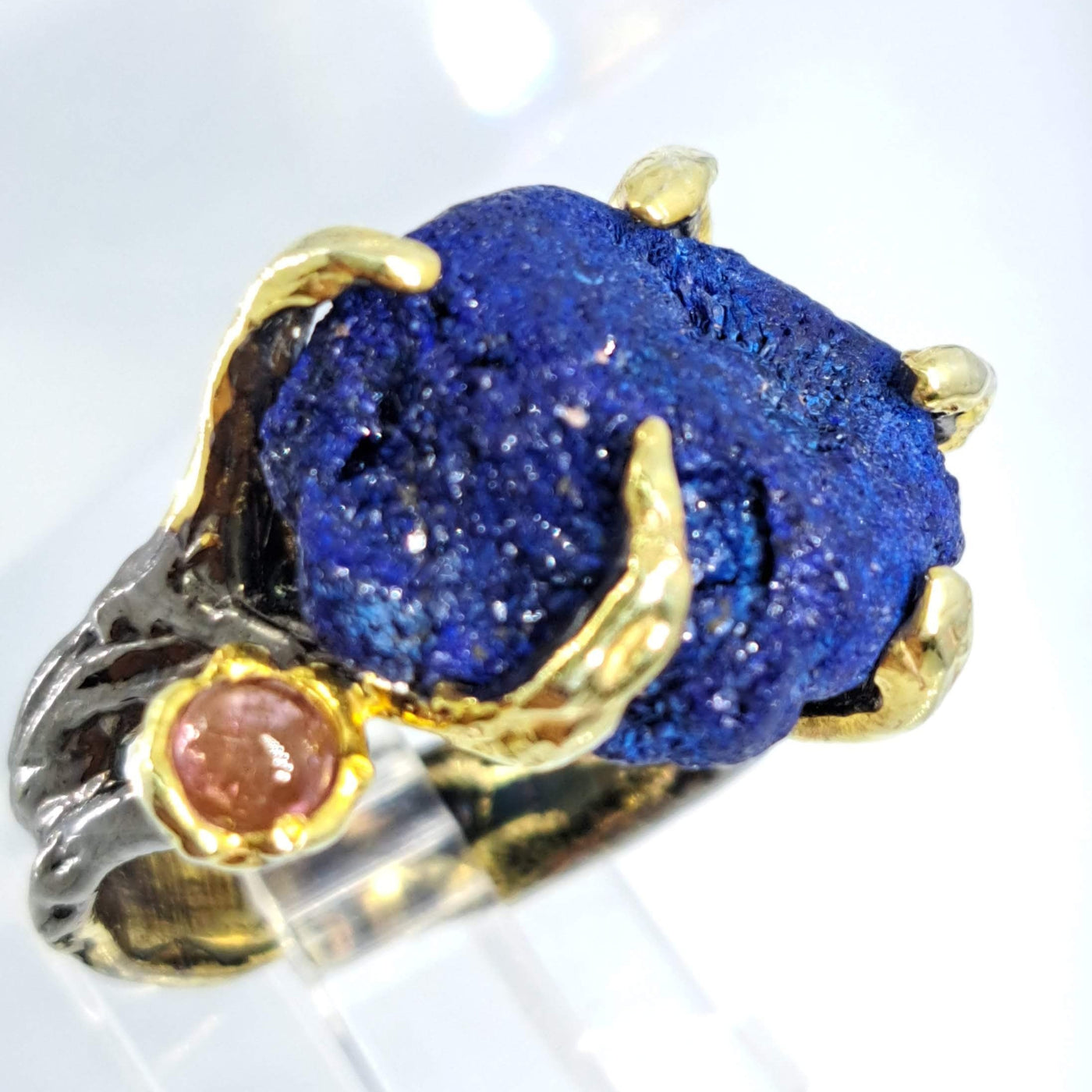 "Azurite Dream" Size 7.5 Ring - Raw Azurite Druzy, Pink Tourmaline, Black Sterling, 18k Gold