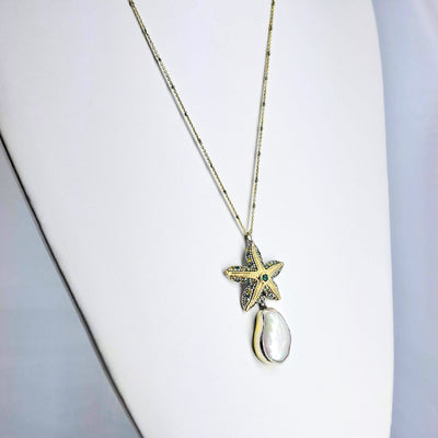 "Sea Star" 20"-22"Necklace by Barb - Pearl, Green Sapphire, Yellow Sapphire, Gold Sterling