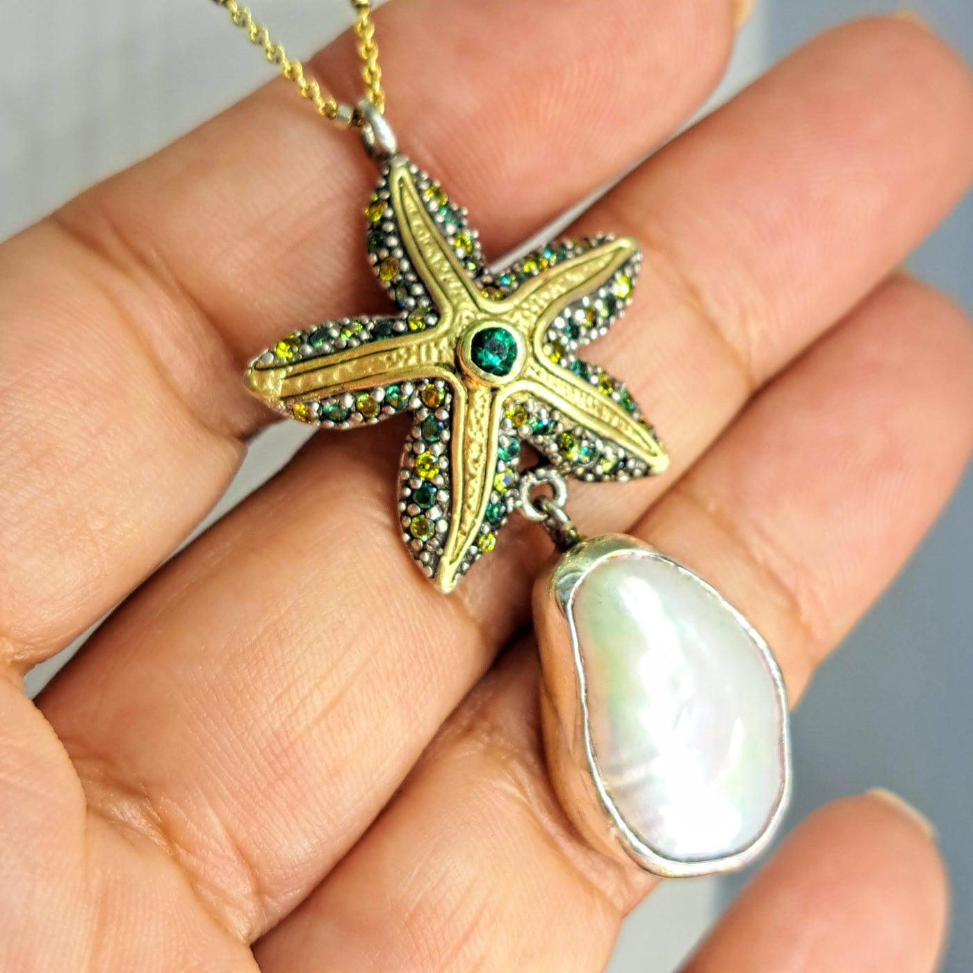 "Sea Star" 20"-22"Necklace by Barb - Pearl, Green Sapphire, Yellow Sapphire, Gold Sterling