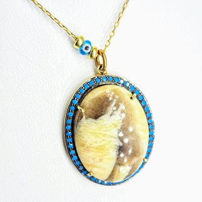 "Eye On The Nut" 15"-17" Necklace - Petrified Peanut Wood, Black Spinel, Nano Turquoise, Lamp-worked Glass,  Gold Sterling