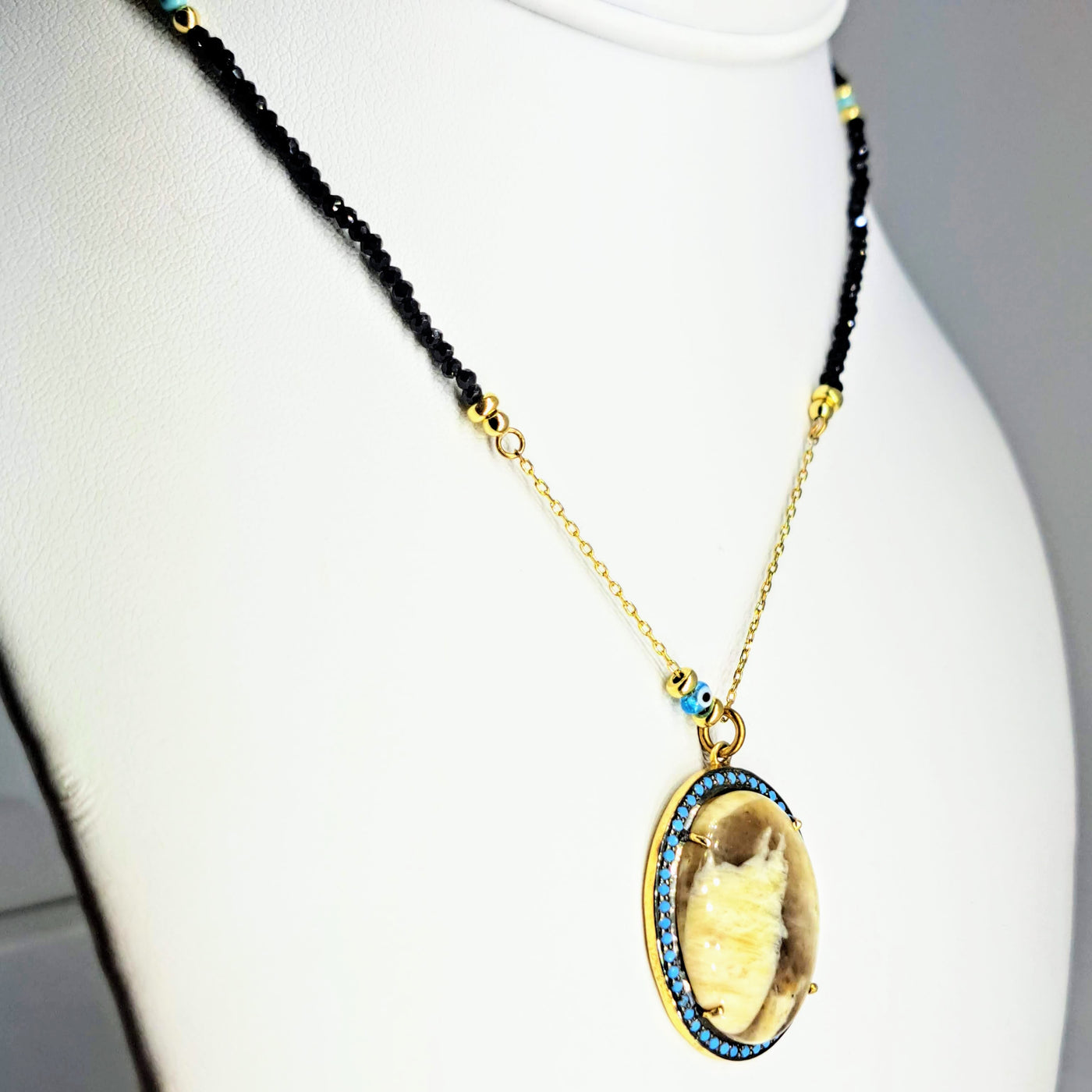 "Eye On The Nut" 15"-17" Necklace - Petrified Peanut Wood, Black Spinel, Nano Turquoise, Lamp-worked Glass,  Gold Sterling
